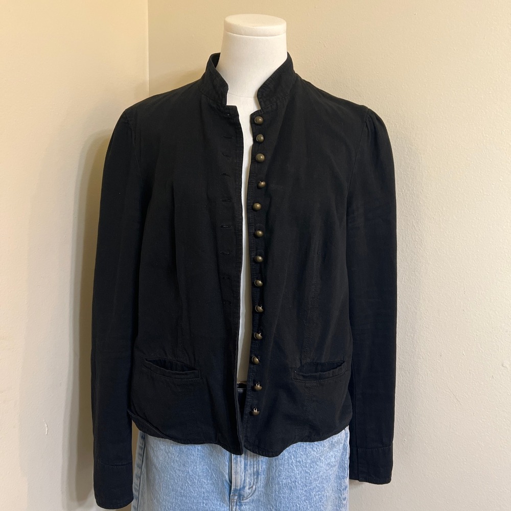 Lauren Ralph Lauren Black Cotton Military Jacket Brass Button Stand Collar Large